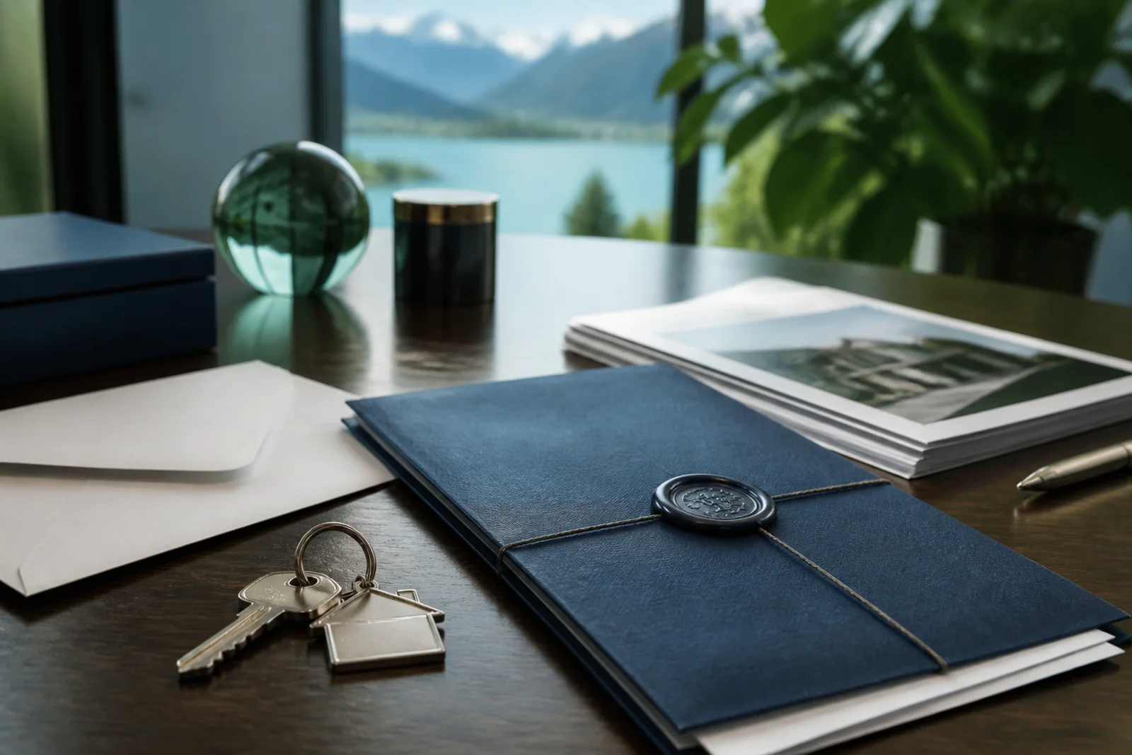 Testament, clé de maison et documents immobiliers sur un bureau