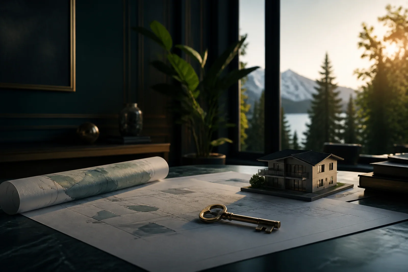 Table de travail avec plans, dossier de vente et clés