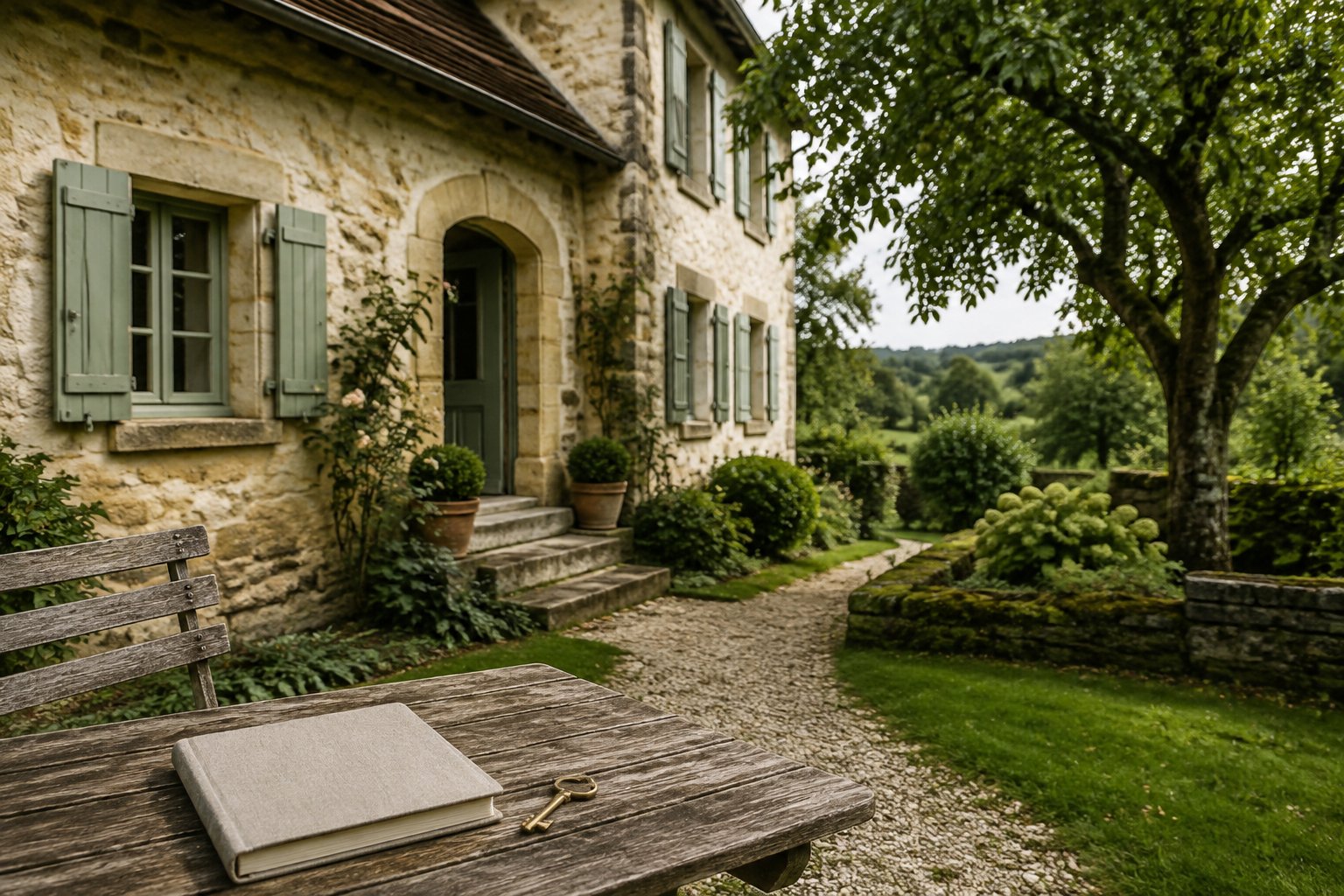 Maison suisse avec jardin, carnet fermé et clés pour préparer une discussion familiale
